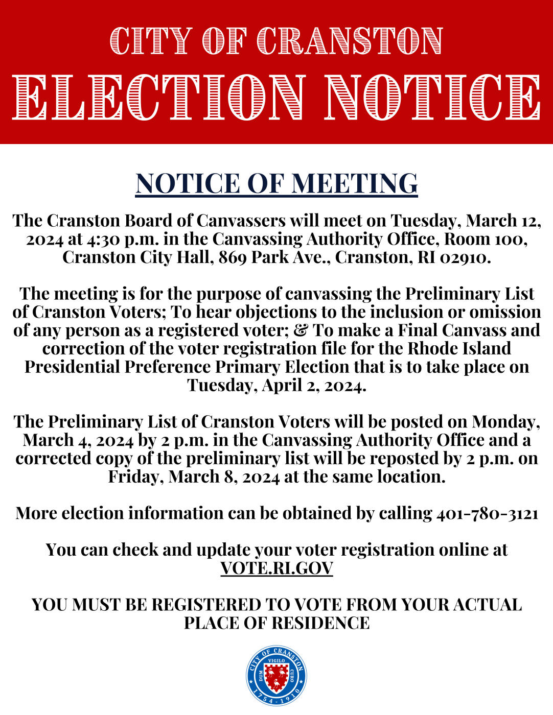 City of Cranston Election Notice Board of Canvassers Meeting